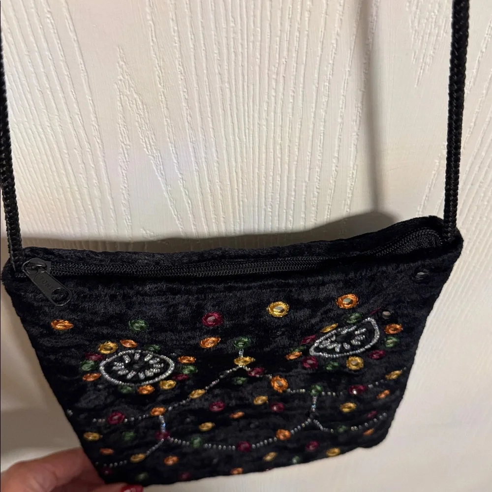 Velvet Beaded Black Crossbody Bag Colorful Design Classy Bohemian Zipper Close‎